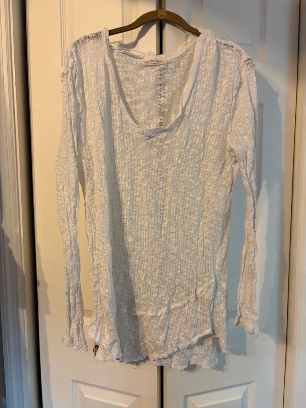 We The Free White Textured Scoop-Neck Long Sleeve Top with Raw Edges